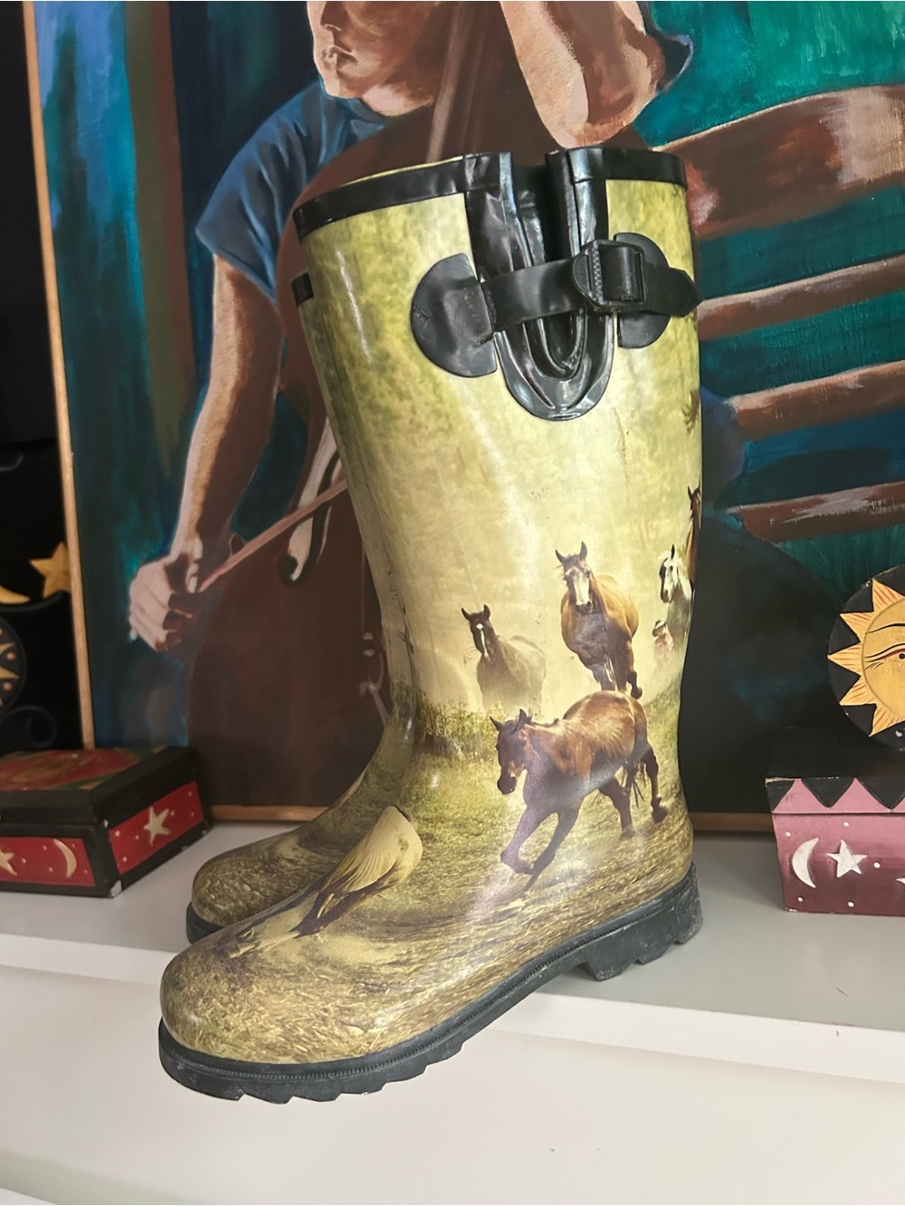 Horse Print Tall Rain Boots Size 8.5/9 Equestrian Cottagecore